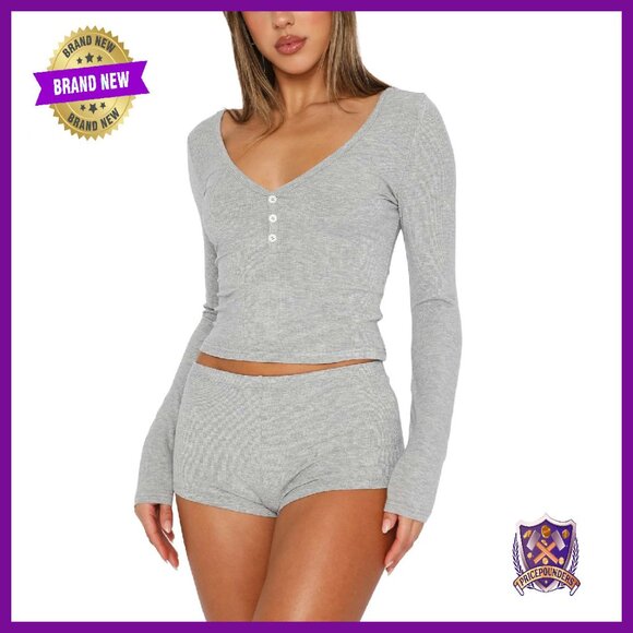 Sexy Y2K Pajama Set Long Sleeve V-Neck Button Front Shorts Lounge